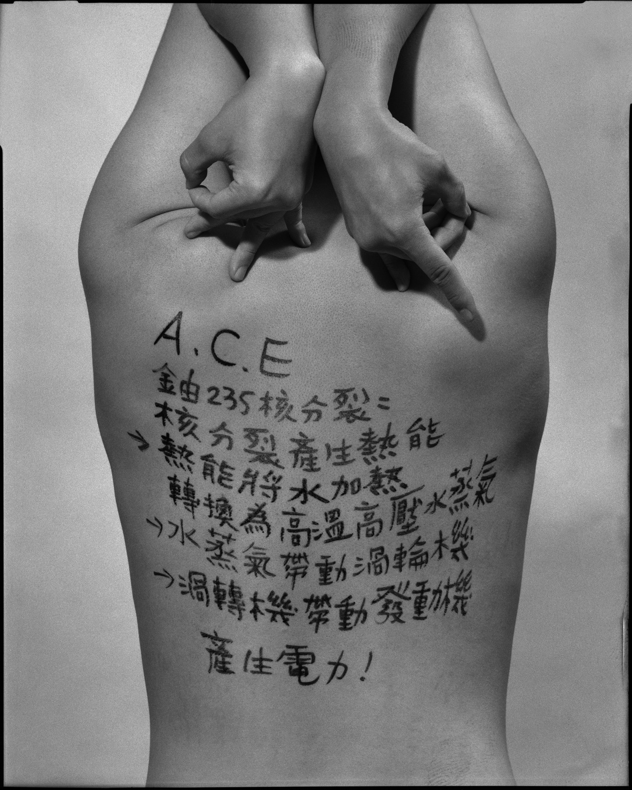 《答案》系列：黑白肖像，背面軀幹寫滿〈物理，2024〉考題手寫解答，雙手於頸後或背後交扣。