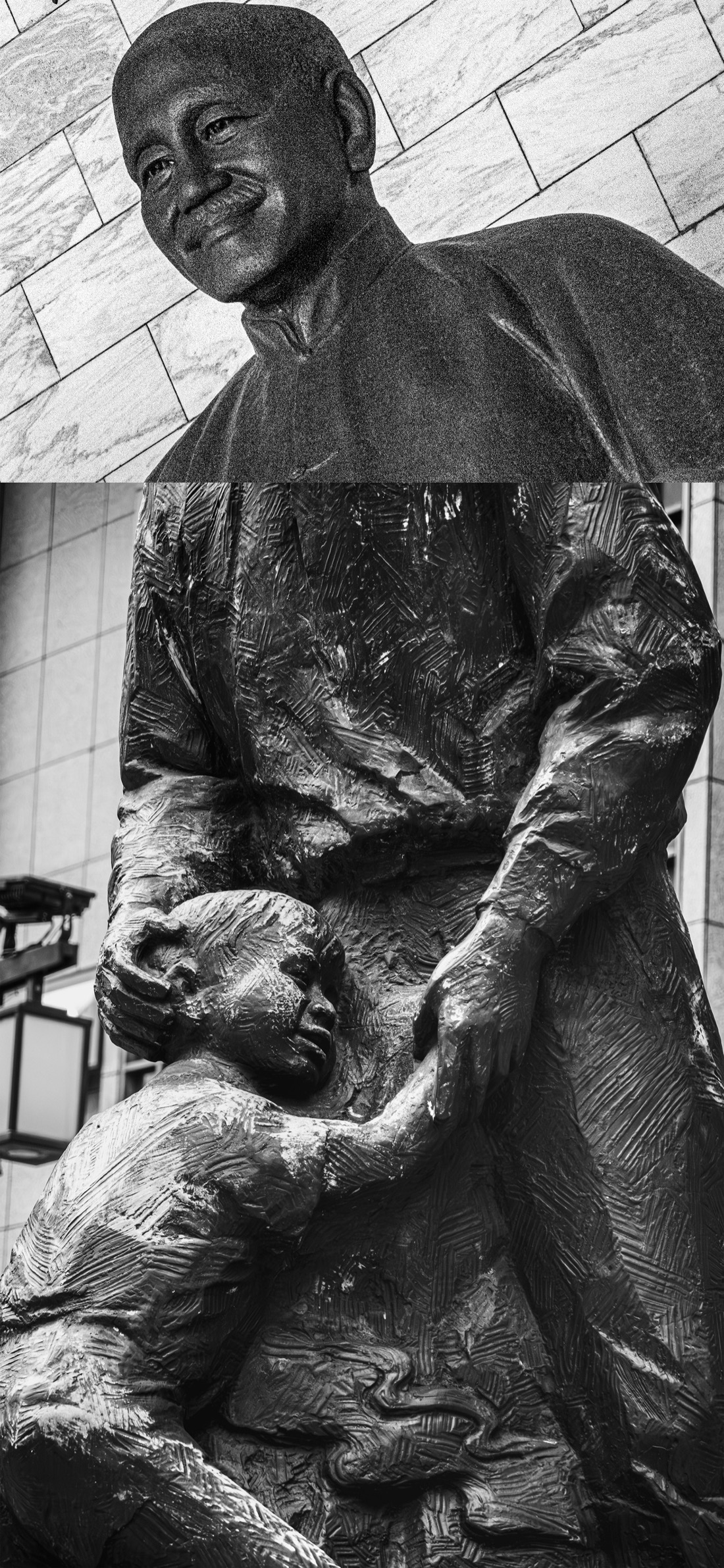 Authority Wrapped as Love — Chiang Kai-shek seated statue and the Paternal Love sculpture at Taipei Main Station.