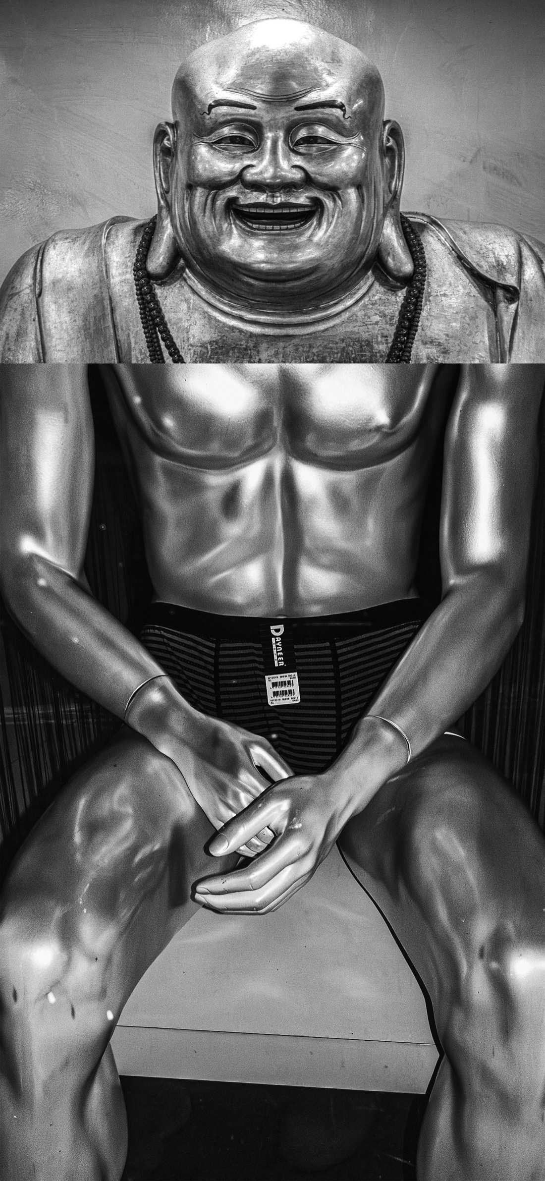 Does the Bodhisattva Suffer Aesthetic Anxiety? — Maitreya Buddha statue and a clothing-store mannequin.