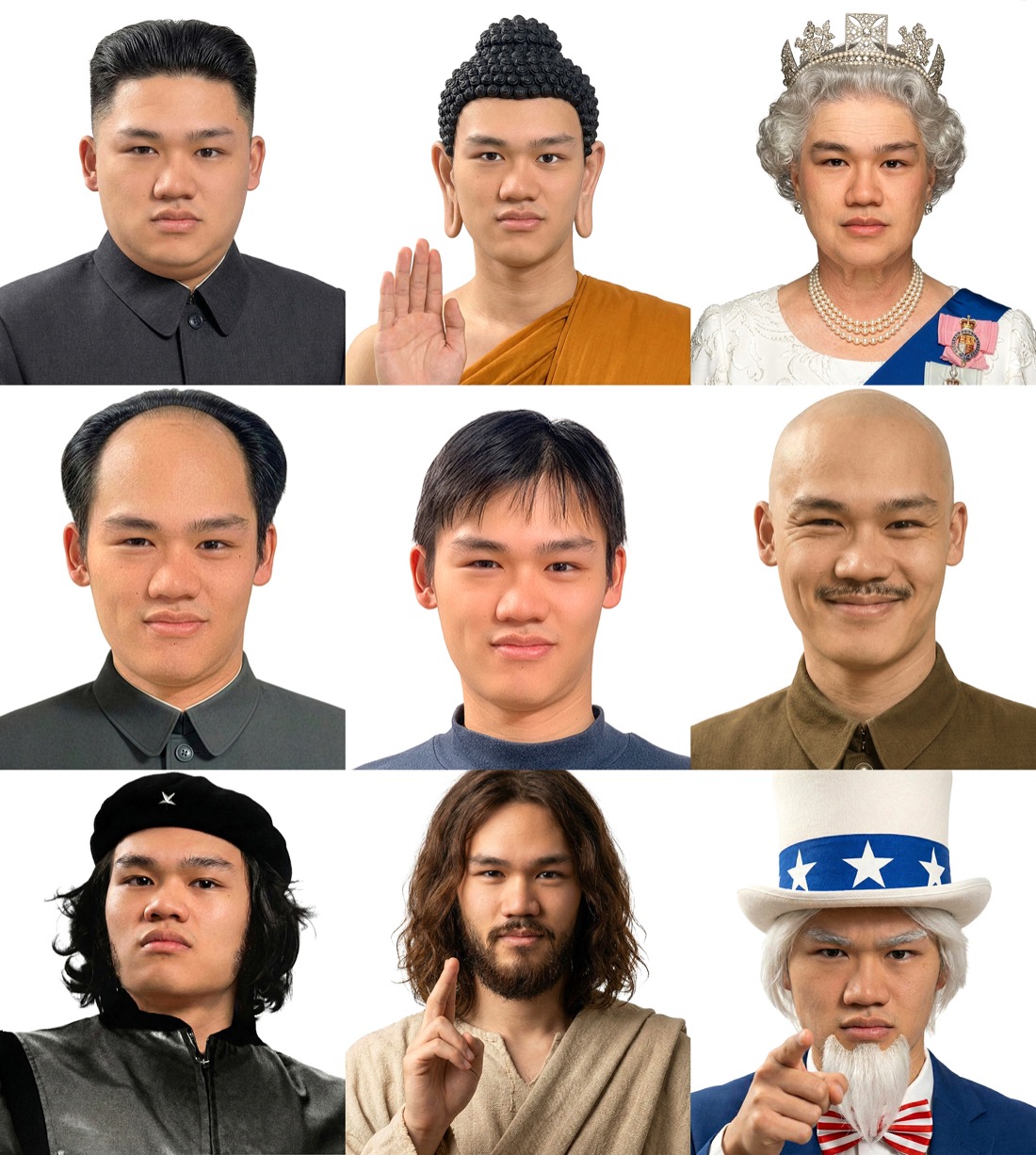 作品:AI 生成證件照矩陣,宗教與政治領袖。