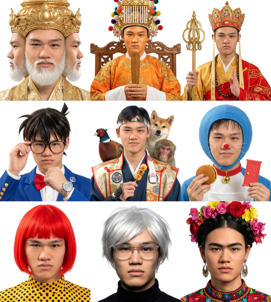 作品:AI 生成證件照矩陣,神祇與當代角色。