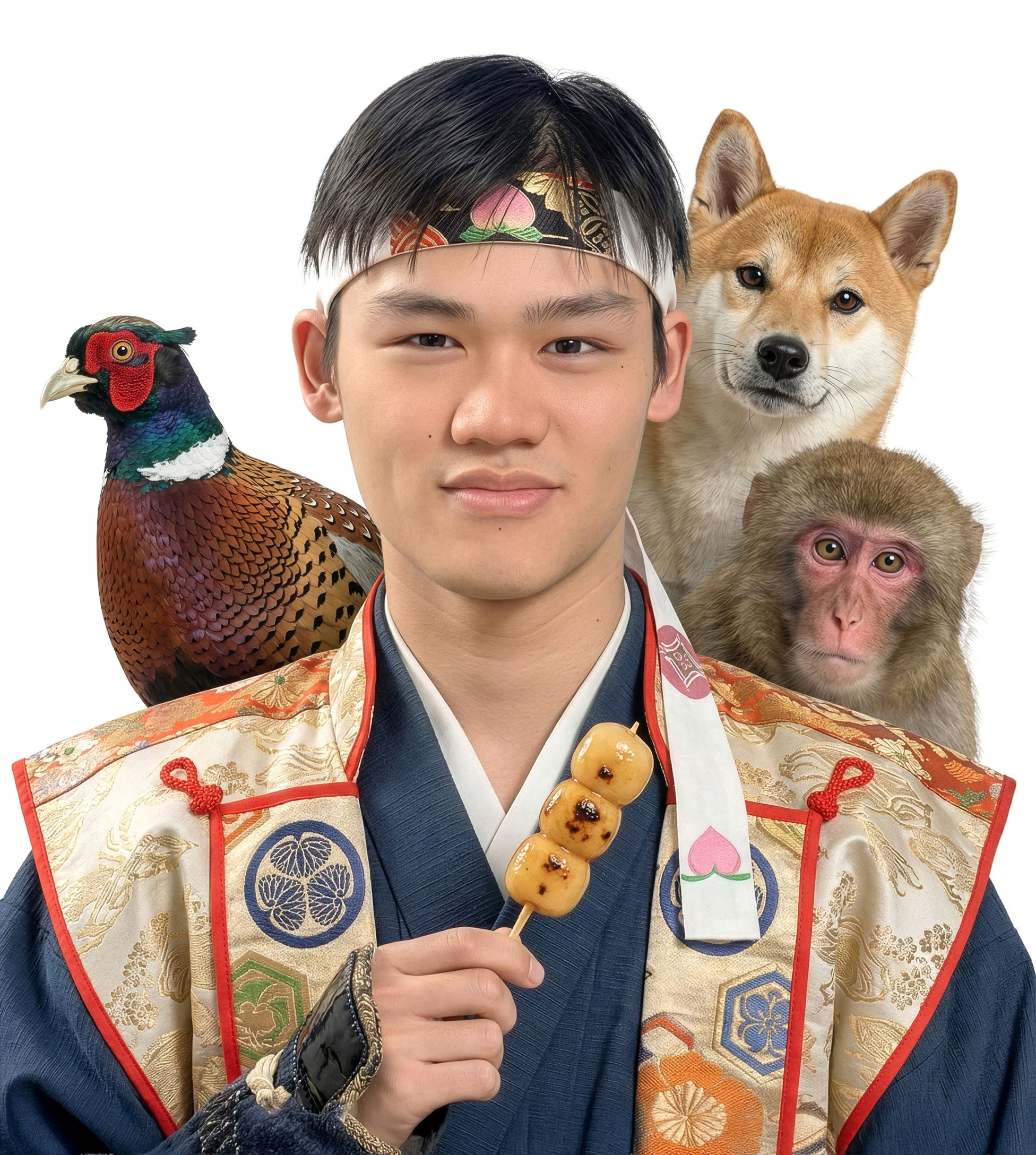 許哲睿以桃太郎造型自拍：頭綁鉢卷、身著金襴陣羽織，手持三色糰子，身旁環繞雉雞、柴犬與獼猴。