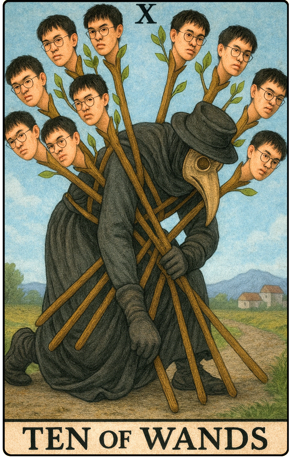 《心藥》塔羅牌小阿爾克那．權杖十：AI 生成塔羅牌插畫。